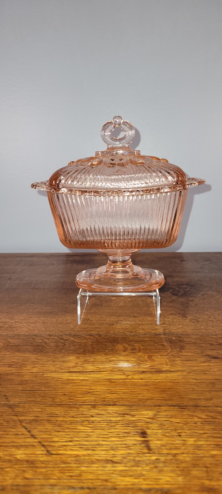 Vintage Indiana Glass Peach/Pink Lace Candy Dish with Lid