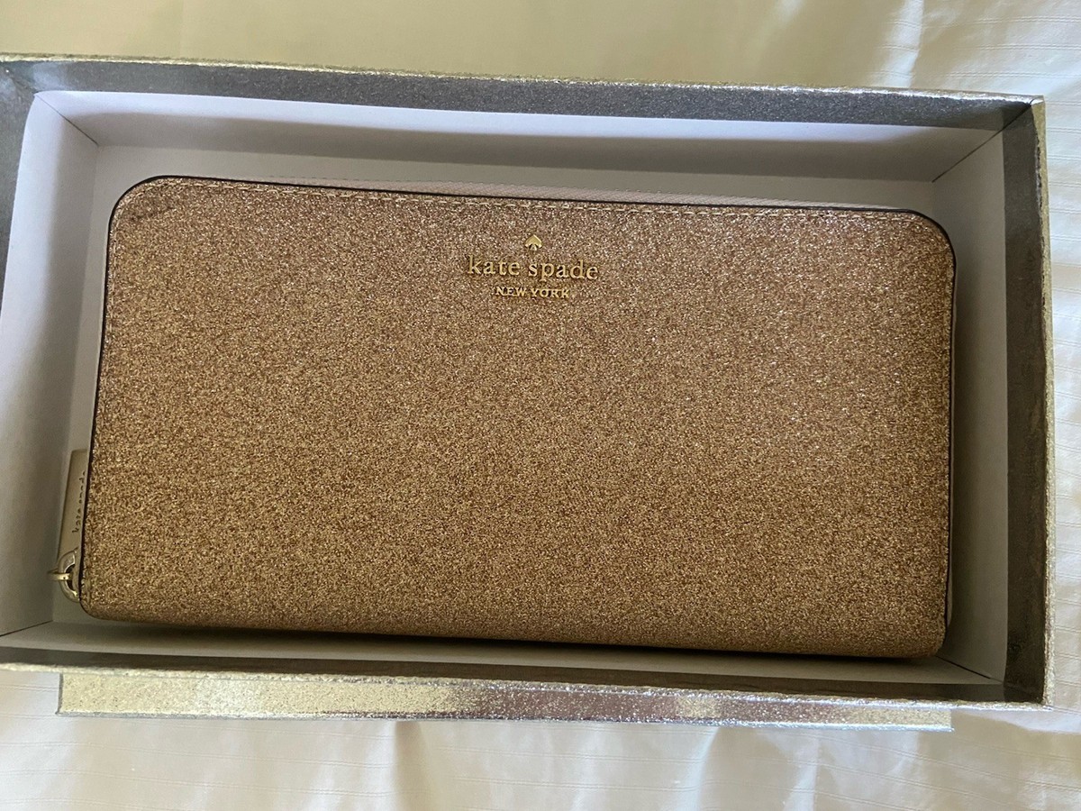 NEW Kate Spade Boxed Large Continental Wallet Glitter Gold Rose