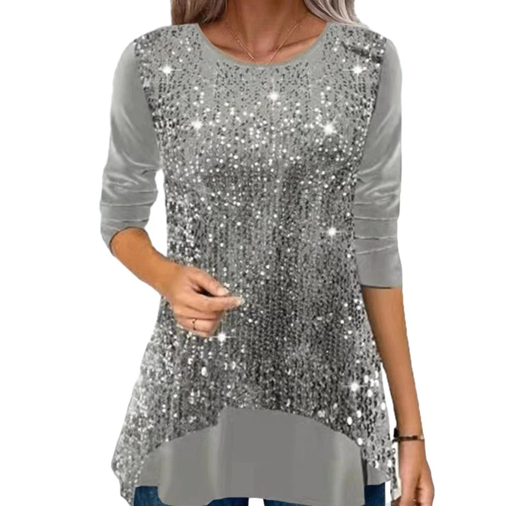 VETEMENTS Tunica scintillante paillettes manica lunga top da donna scollo a O abbigliamento casual