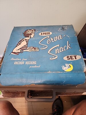 Vintage ANCHOR HOCKING SERVA-SNACK SET -- 8 PC. GRAPE PATTERN -ORIGINAL BOX A46