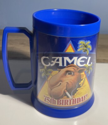 JOE CAMEL 1988 CIGARETTE 75TH BIRTHDAY BLUE THERMO- SERV MUG REYNOLDS  TOBACCO