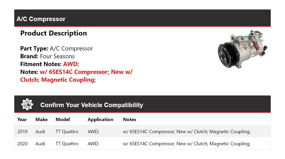 For 2019-2020 Audi TT Quattro AWD A/C Compressor 4 Seasons - Image 2 of 4