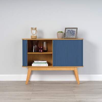 Bambus Sideboard mit dunkelblauen Schiebetüren 800 mm H x 1100 mm B x 400 mm D