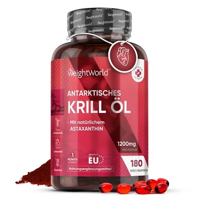 WEIGHTWORLD Krill Öl - 180 Kapseln - 1200mg - Omega 3 Fischöl - Astaxanthin - Herzgesundheit