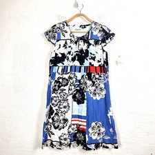 BLUE ILLUSION Womens Dress Size S Blue Black White Patchwork Print Silk Blend