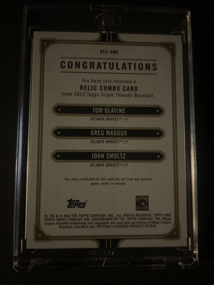 2022 Topps Triple Threads Glavine Maddux Smoltz Relic Combo Card 15/18 - Image 2 of 2
