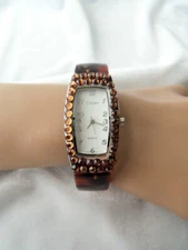 Cardini Rhinestone Faux Tortoise Lucite Hinged Cuff Bracelet Watch New Battery