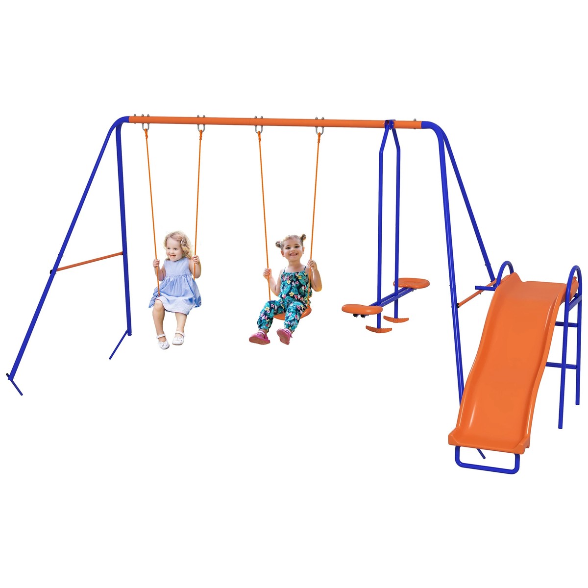 4-in-1 Metal Garden Swing Set Double Swings Glider Slide Ladder