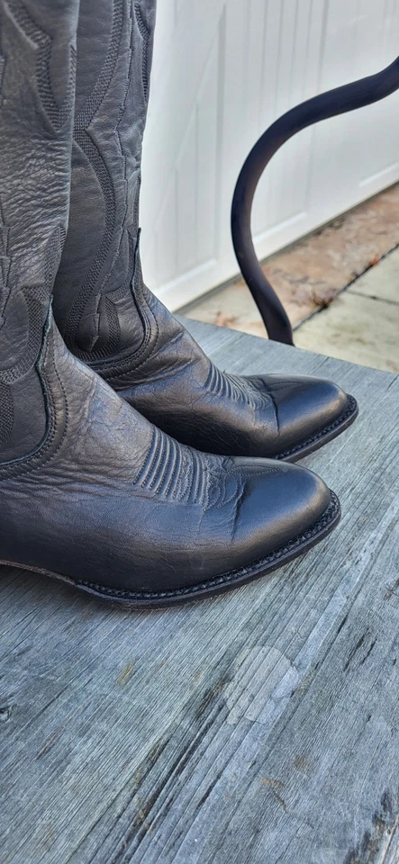 Womens 6.5B Black Calf Skin Leather Boots Lucchese 2000 Womens Cowboy Boots 6.5 - Image 3 of 4