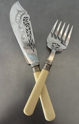 Antique Silverplated Fish Slice & Fork Set Marples Wingfield & Wilkins Engraved