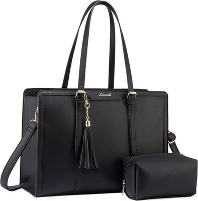 LOVEVOOK Laptop Bag 15.6'' Women PU Leather Tote Large Work Travel Black