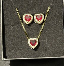 18k Stainless Steel Love Heart Red Crystal Necklace & Earrings 