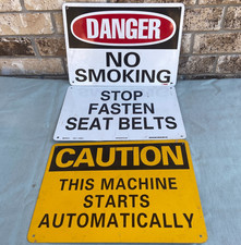 Industrial Sign Caution Machine Starts Automatically Fasten Seat Belts NoSmoking