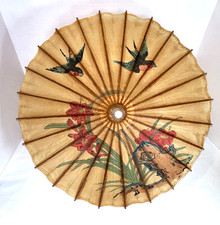 Vintage Hand Painted Oriental Bamboo Rice Paper Umbrella Parasol  Wood Handle