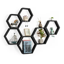 Hexagon Floating Shelves Black Hexagon Shelves for Wall Wood Farmhouse Storag...