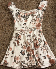 Off Shoulder Floral Fit & Flare Dress White Brown Green Short Sleeve