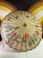 VTG Japanese Wagasa Paper Parasol Flower Butterfly Floral Bamboo Umbrella Decor