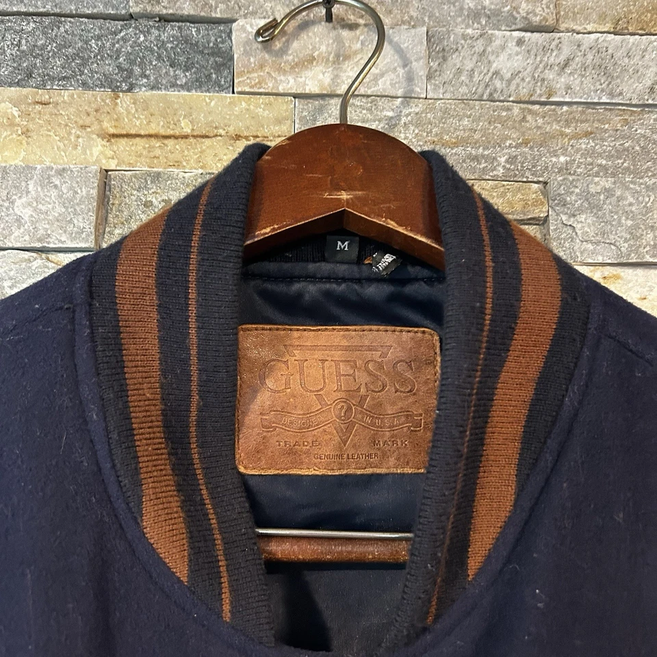 Guess Vintage 1990s Blue Wool Brown Leather Varsity Indian Head Aztec Jacket M - Image 3 of 4