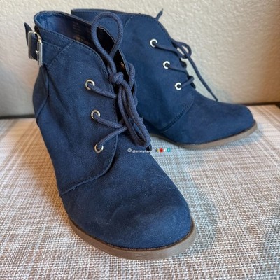 Blue Faux Suede Wedge Ankle Boots with Buckle 6.5
