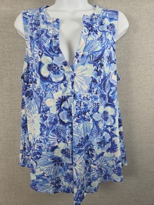 Lilly Pulitzer L Royal Blue Floral Pretty Peas Sleeveless Top Blouse Cottagecore