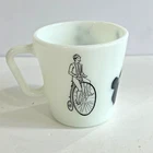 VTG PYREX  BICYCLING MILK GLASS MUG #1410 HI BIKE CYCLING HORNS Big Wheel