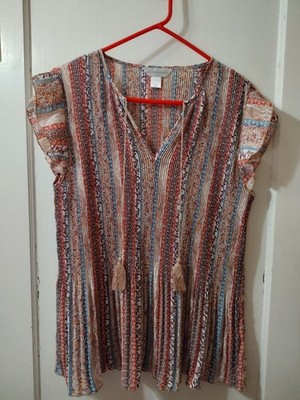 Christopher & Banks Women's Med CJ Banks BOHO Shirt 70's Look Multi Flower Pleat