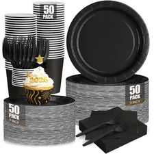 CENLBJ Black Paper Plates and Napkins Party Supplies Include 50SET, 