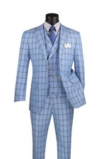 Vinci Men's Modern Fit Peak Lapel Glen Plaid 3-Piece Suit with Vest Light Blue