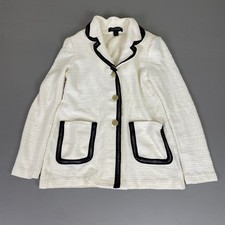 St. John Jacket Blazer Size 4 Cream Textured Knit Black Trim Gold Buttons Wool