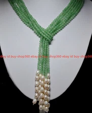 Long Beautiful 3 Strands Natural 4mm Green Jade Freshwater Pearl Necklace 50"