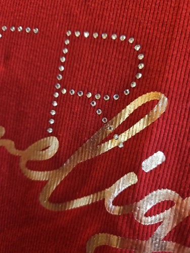 True Religion Brand Jeans Red Dahlia & Crystals W Gold Crewneck Shirt Women’s XL - Picture 7 of 11