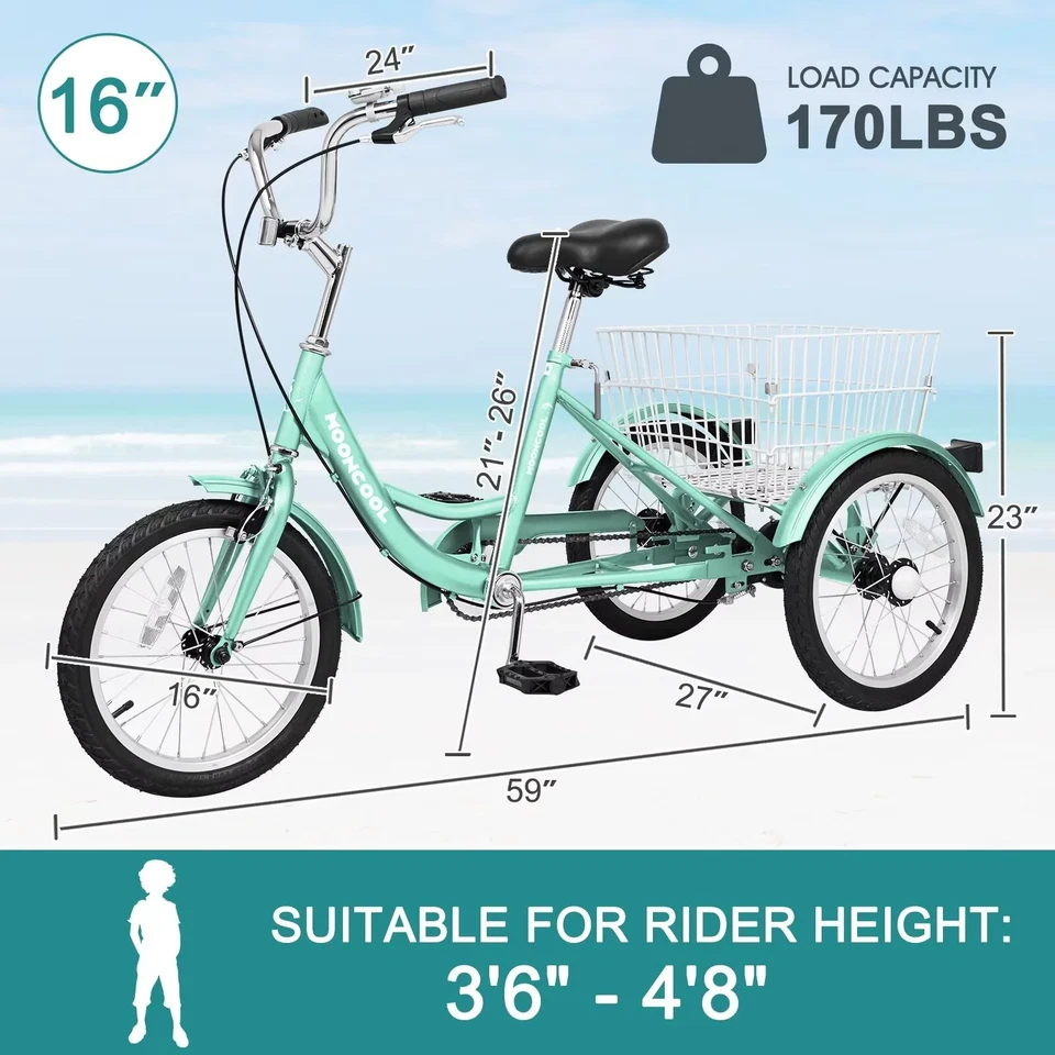 Triciclos MOONCOOL 16 pulgadas para ciclistas principiantes, triciclo de una sola velocidad bicicletas de 3 ruedas Foto 2 de 4