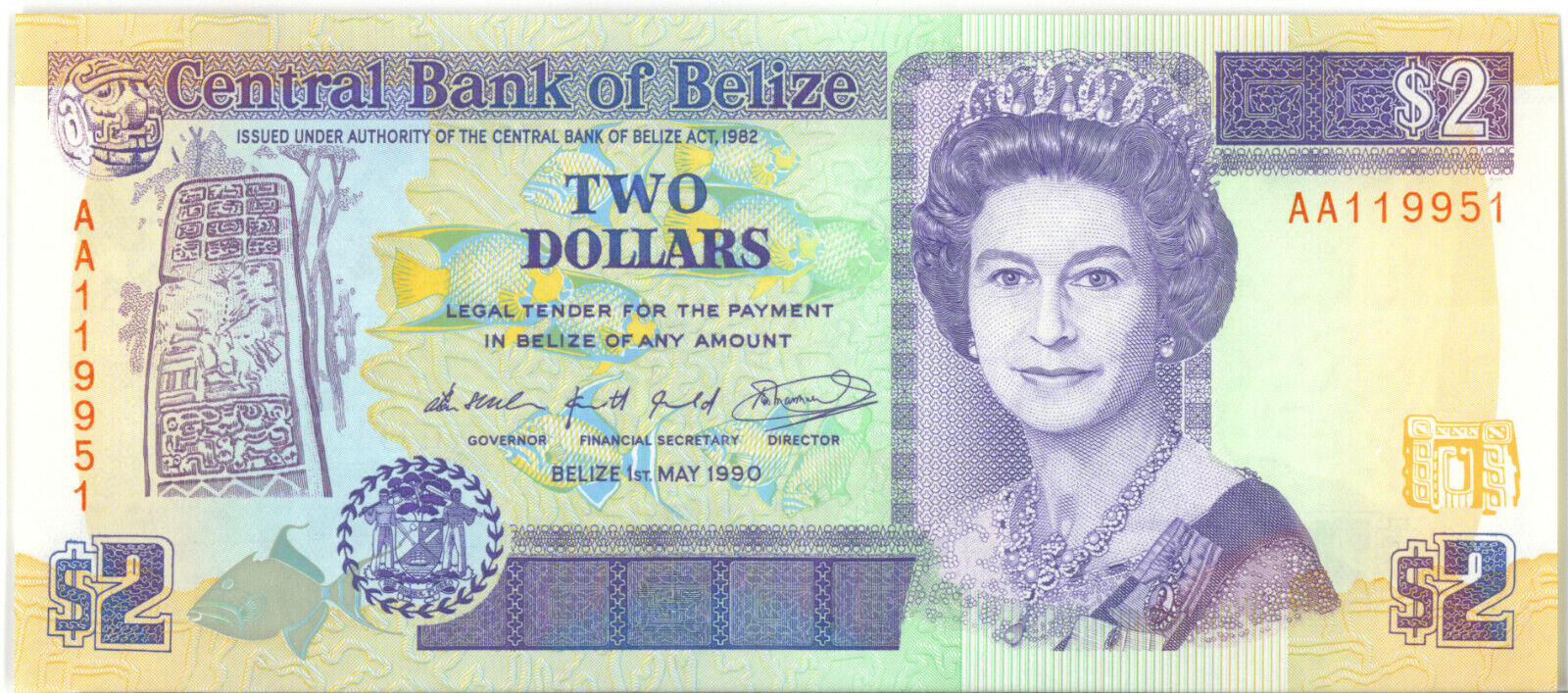 Belize Central Bank 1990 $2 Two Dollars P-52A GEM UNC Queen Elizabeth II
