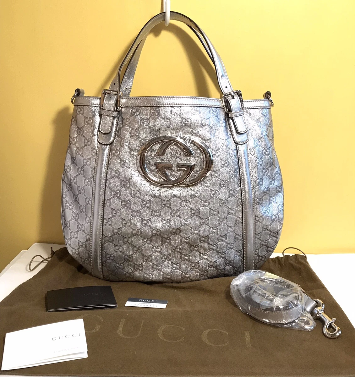 Gucci Authentic GG LOGO Silver Guccissima Metallic Leather Tote