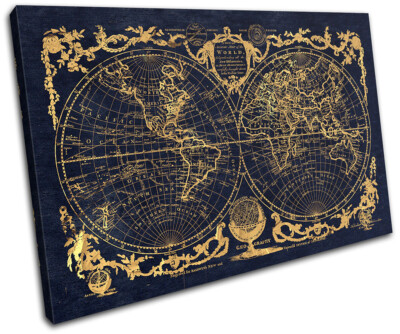 Vintage Navy Gold World Maps Flags SINGLE Leinwand Kunst Bild drucken