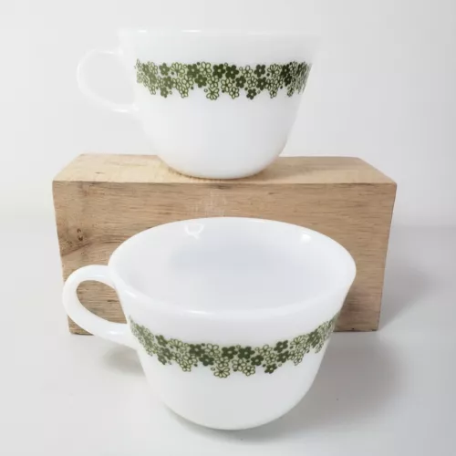 Vtg 2 Corning Daisy Coffee Mugs Tea Cups Milk Glass Olive Avocado Mid Century