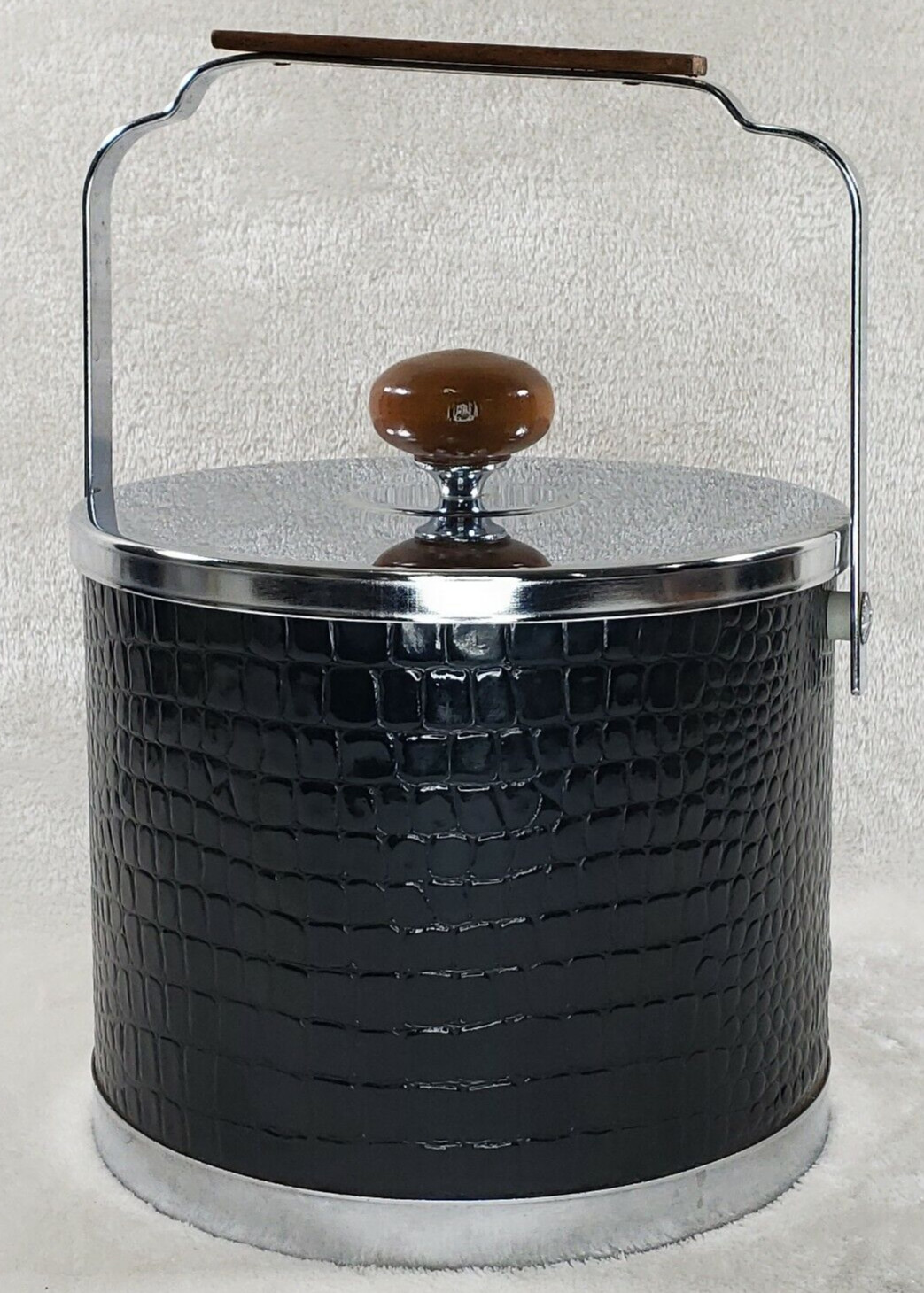 Vintage Retro Black Faux Leather Alligator Ice Bucket Chrome Lid by Atapco