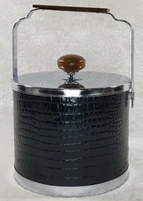 Vintage Retro Black Faux Leather Alligator Ice Bucket Chrome Lid by Atapco