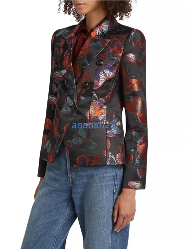 Damen L'AGENCE Jacquard Schmetterling Zweireiher Blazer Jacke Mantel Schwarz Multi - Bild 8 von 16