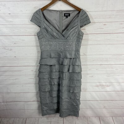 Adrianna Papell Cap Sleeve Layered Sheath Dress Size 4 Silver Beaded V-Neck  | eBay