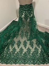 Green Heavy Beaded Sequin Rhinestones Embroidery Lace Fabric 50 Width 1 Yard