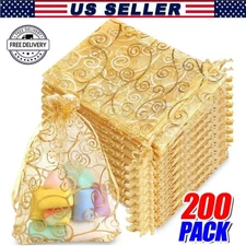 200pcs Gold Organza Wedding Party Gift Bags Favor Candy Sheer Jewelry Pouches US