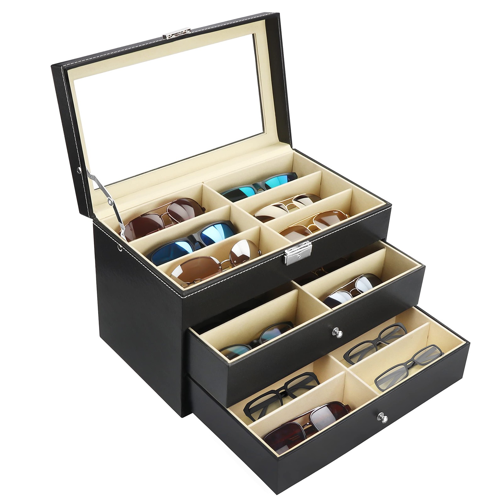 Коробка для хранения бриллиантов Schwarze Kunstleder Sonnenbrillen 18 Fcher - 3-Stufige 12190₽
