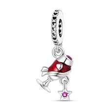 Romantic Red Wine Glass, Tall Glass Charm 925 Sterling Silver Forever Charm for