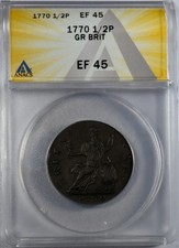 1770 Great Britain Copper 1/2 PENNY ANACS XF-45