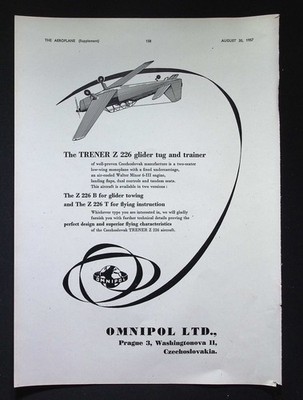 Original 1957 Werbung Omnipol Trener Z 226 Segelflugzeug Schlepper & Trainer Flugzeug
