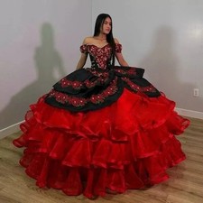 Red Princess Quinceanera Dresses Off Shoulder Lace 3D Floral Ball Gowns Sweet 16