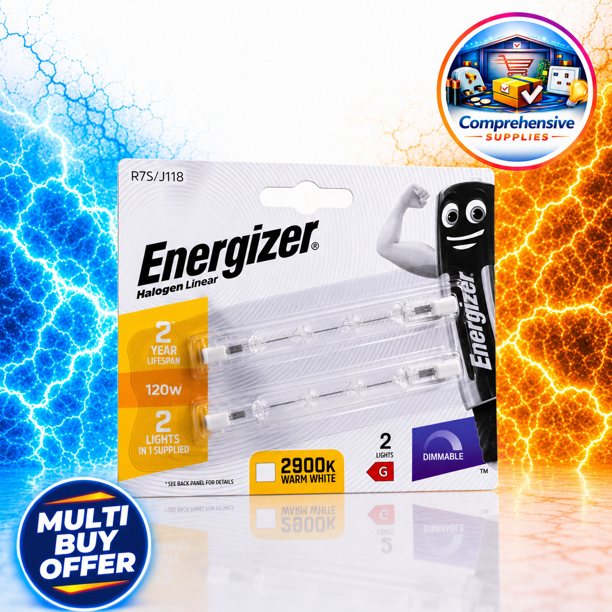 2x Energizer Linear 118mm R7S 2250 Lumens Halogen Bulbs 240V ( 120W ) Dimmable