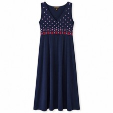 Tommy Bahama Maxi Dress XL Blue Knit with Pink Purple Embroidery Sleeveless
