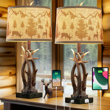 Rustic Deer Antler Table Lamps Set of 2 with USB  Outlet for Country Decor
